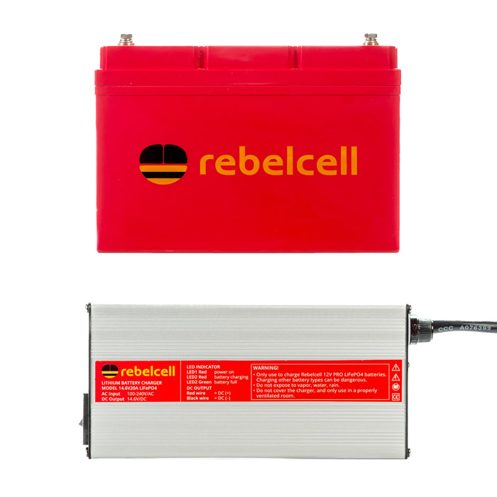 Rebelcell 12V120 PRO LiFePO4 litiumbatteri + 14.6V20A laddare Paketdeal